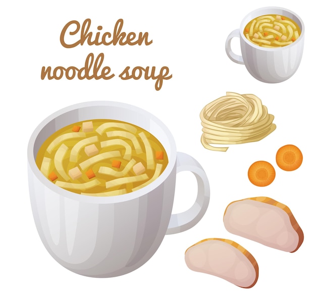 Sopa de carne de pollo y fideos en un icono de dibujos animados aislado en un fondo blanco con pollo