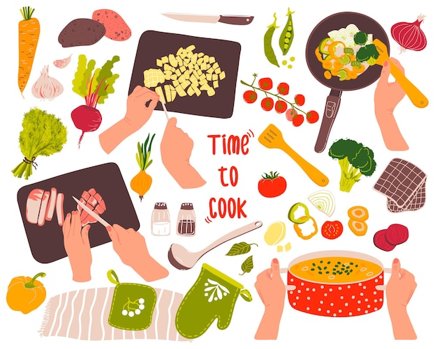 Vector sopa de cocina un juego con etapas de cocción verduras e ingredientes manos de mujer