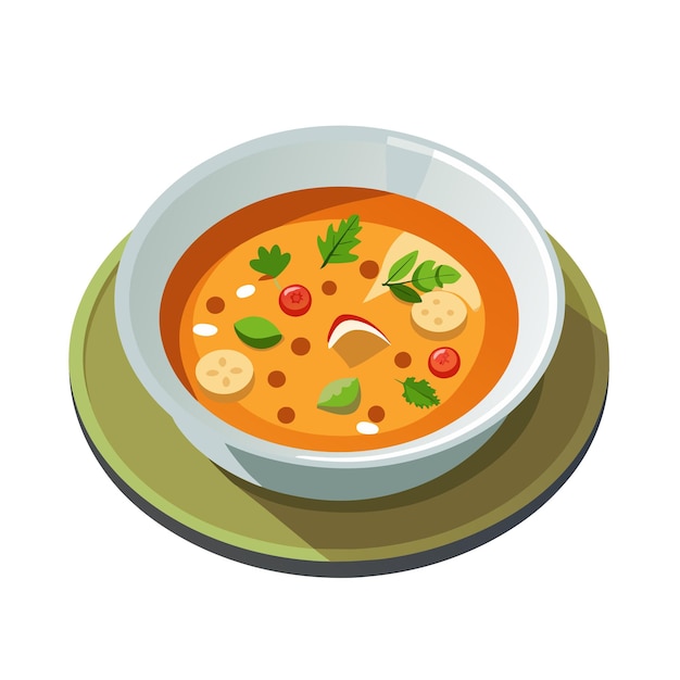 Vector sopa de comida deliciosa en un cuenco al estilo de dibujos animados sobre un fondo blanco