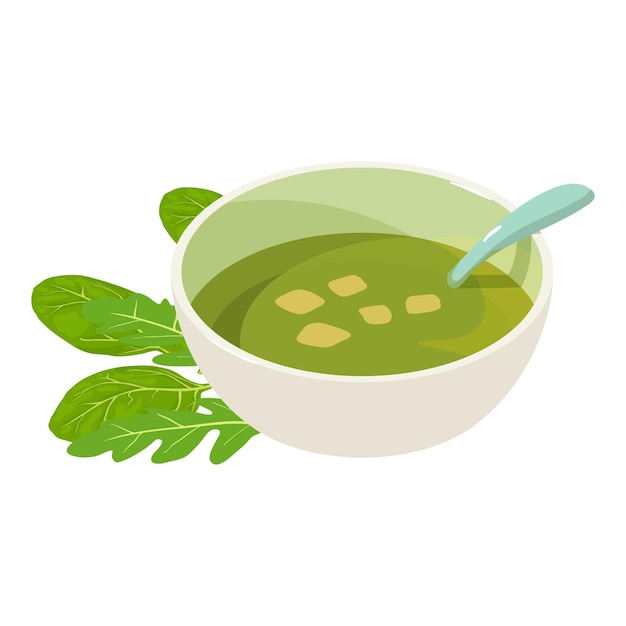 Vector sopa de crema de espinaca y hoja de rúcula verde fresca concepto de alimentación