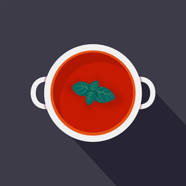 Sopa de crema de tomate adornada con hojas de albahaca ilustración vectorial de estilo plano