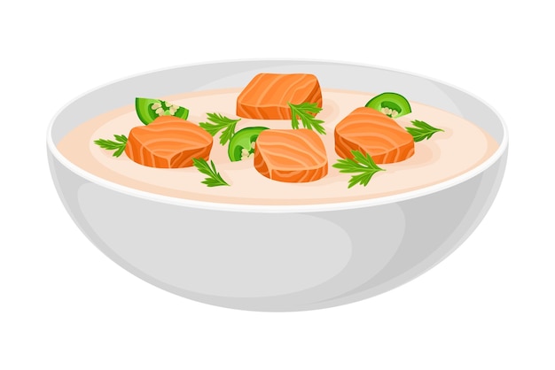 Vector sopa cremosa con salmón y pimienta vertida en un cuenco ilustración vectorial