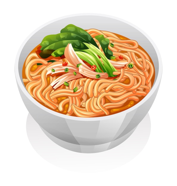 Sopa de fideos de pollo con verduras en un tazón blanco ilustración vectorial