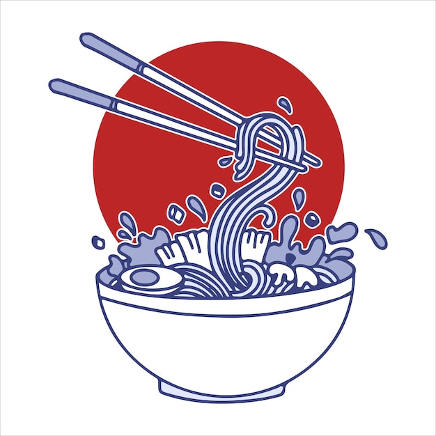 Sopa con fideos ramen Fideos Ilustración vectorial Comida asiática tradicional japonesa en círculo rojo sol con textura Ilustración vectorial