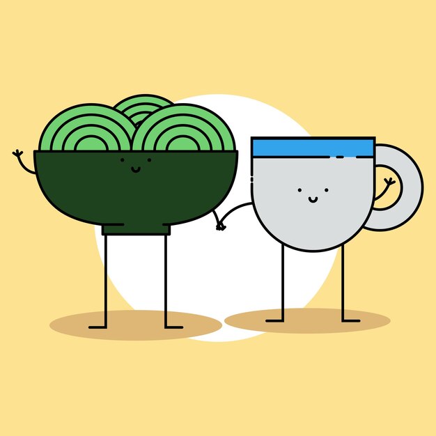 sopa de fideos de tazón de chibi con un vaso de té ilustración al estilo de dibujos animados de la mascota vectorial