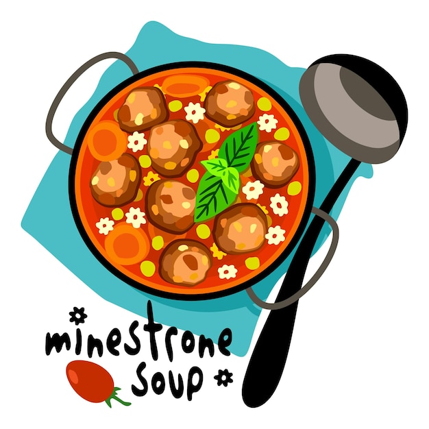 Vector sopa de minestrone plato italiano nacional ilustración aislada vectorial