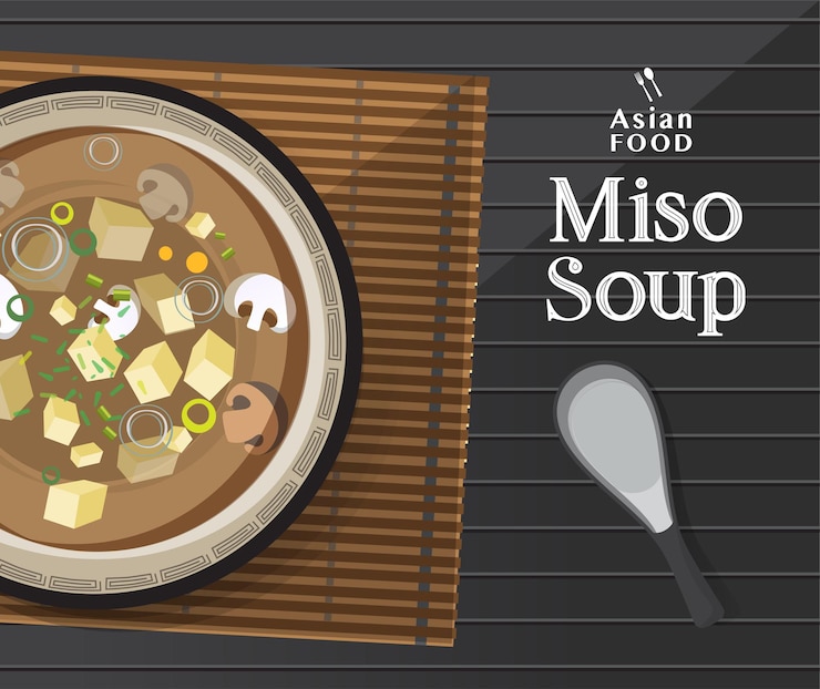 Vector sopa de miso japonesa en un tazón, ilustración de comida japonesa.