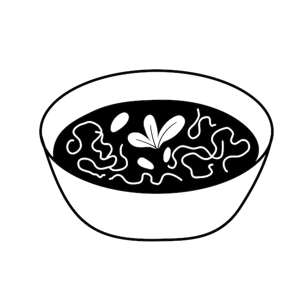 Sopa de miso japonesa tradicional con fideos Ilustración de garabato simple Bosquejo de tinta de comida asiática aislado en blanco