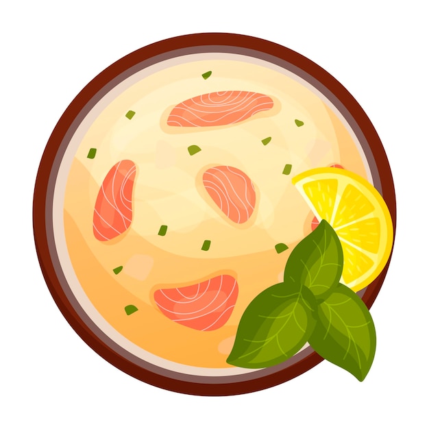 Vector sopa con pescado plato del restaurante ukha en estilo de dibujos animados vista desde arriba salmón nutrición adecuada mariscos