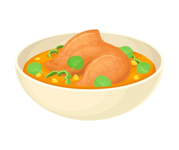 Sopa con pierna de pollo y verdura servida en una ilustración vectorial de tazón profundo