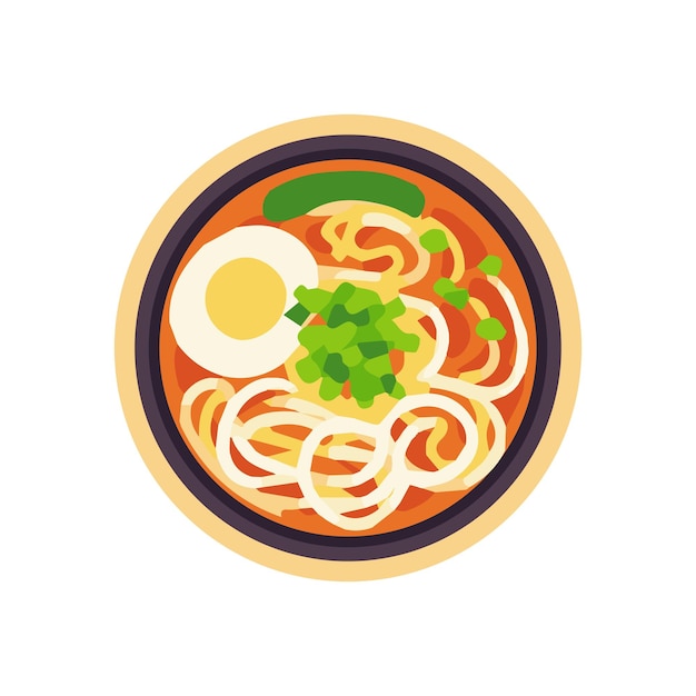 Sopa plana de fideos ramen con huevo cocido y aderezos de puerro ilustración vectorial aislada