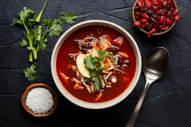 Sopa de pozole vibrante con guarnición de rábano