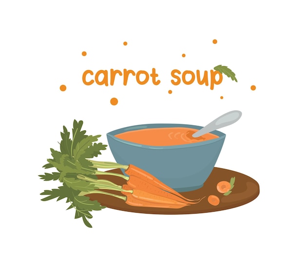 Sopa de puré de zanahoria en un plato azul Sopa de verduras frescas Ilustración para anuncios de menús