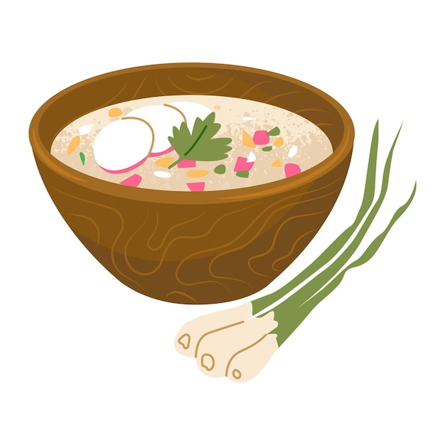 Vector sopa rusa tradicional fría okroshka sopa de kvass con salchichas y huevos comida de verano para el clima caluroso ilustración vectorial aislada sobre un fondo transparente