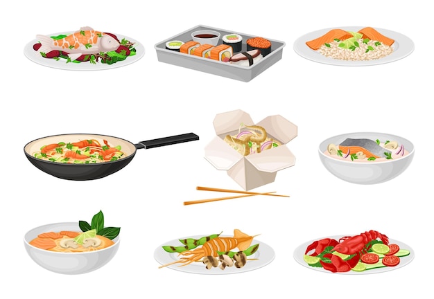 Sopa de salmón y fideos con camarón como platos de mariscos Conjunto vectorial