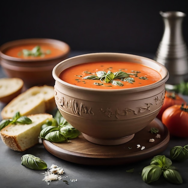 Vector sopa de tomate y albahaca y fideos