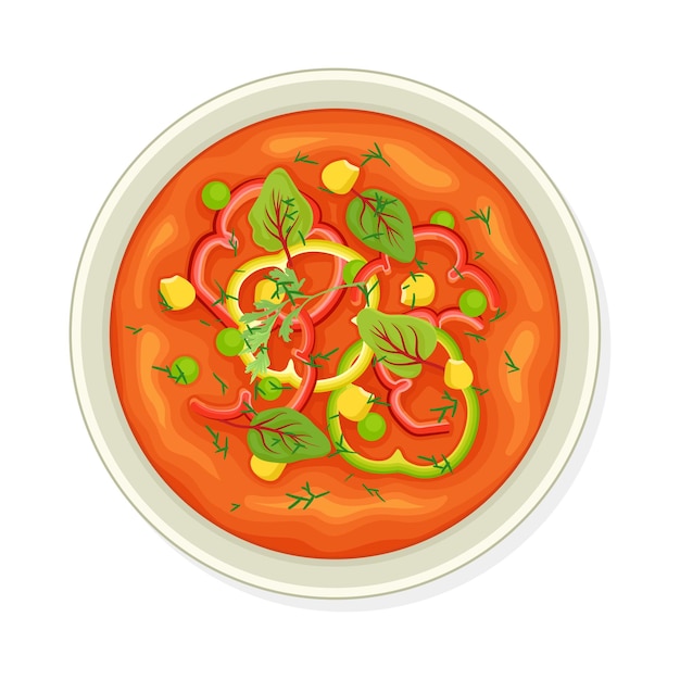 Sopa de tomate con crema con verduras en rodajas e ilustración vectorial de vegetación