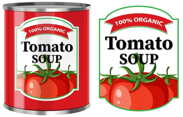 Sopa de tomate en lata de comida con etiqueta aislada