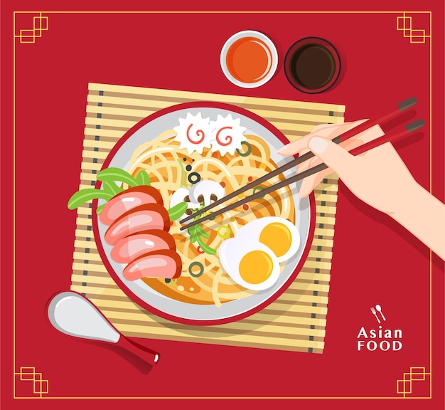 Sopa tradicional china con fideos, sopa de fideos en tazón chino Ilustración de comida asiática