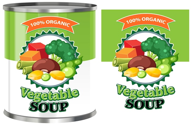 Sopa de verduras en lata de comida con etiqueta aislada