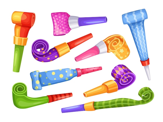 Sopladores de fiesta de dibujos animados Cuerno de tubo que sopla matraca para celebración de cumpleaños y juguete de explosión de silbato con conjunto de ilustración de vector de tubo largo