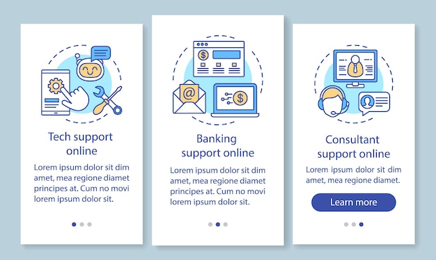 Soporte al cliente en la pantalla de la página de la aplicación móvil de incorporación en línea con conceptos lineales. Instrucciones gráficas de pasos de tutorial de soporte técnico, bancario y de consultoría. UX, UI, plantilla de vector de GUI con ilustraciones