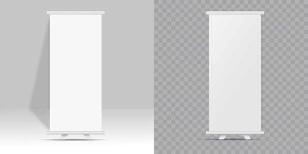 Un soporte de banner enrollable aislado en fondos transparentes y blancos Una plantilla de maqueta vectorial para profesionales