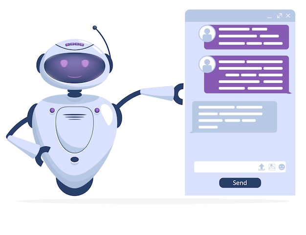 Soporte de chat bot, diálogo de mensajes en línea, concepto de servicio de ayuda al cliente robot. mensajería de chatbot ai. vector