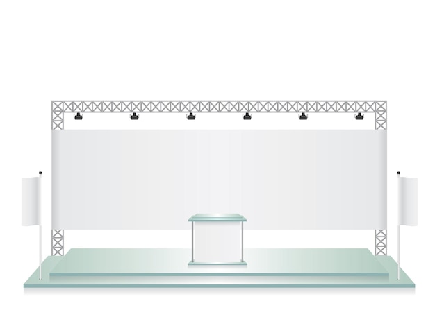 Soporte de exhibición comercial de vidrio y bandera blanca.