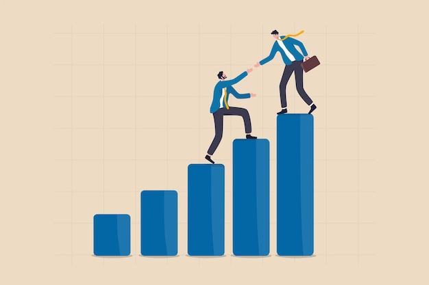 Soporte del gerente para lograr el objetivo, mentor o coaching para el éxito en el trabajo, concepto de asociación de confianza o colaboración en equipo, miembro del equipo de apoyo al empresario de éxito que da la mano para ayudar a alcanzar el objetivo.