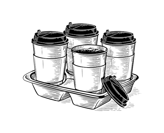 En el soporte hay cuatro vasos de café o té. dibujo a mano alzada, grabado sobre fondo blanco.