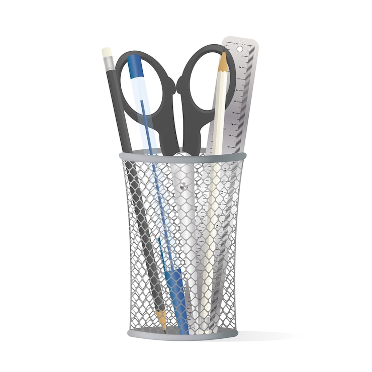 Vector soporte metálico para bolígrafos. vidrio para papelería.