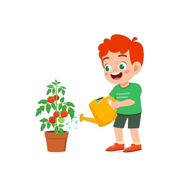 Soporte de niño pequeño lindo y árbol de tomate de riego