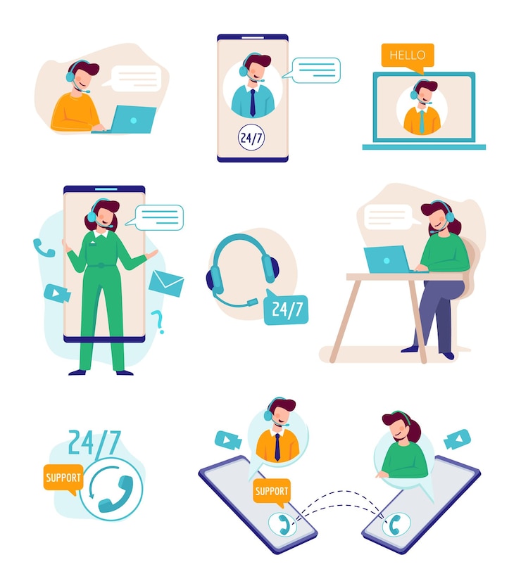 Vector soporte online. asistente virtual persona que habla con agentes técnicos centro de llamadas de apoyo empresarial útil gerente. servicio de ayuda de soporte de ilustración, cliente de asistencia en línea