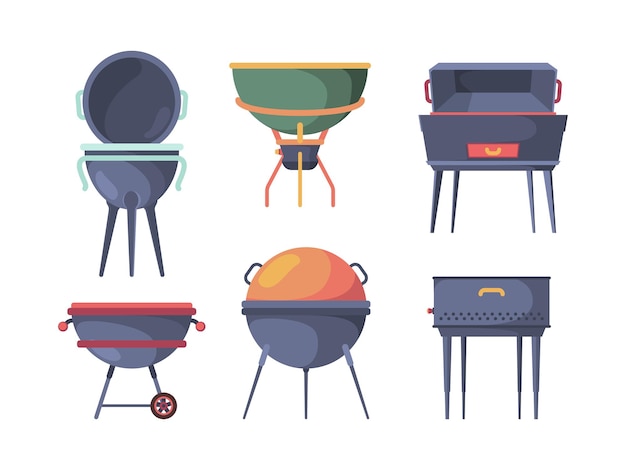 Soporte para parrilla. Artículos de fiesta de picnic al aire libre tradicionales de barbacoa que preparan ilustraciones de vectores de quema de estufa de bistec caliente. Parrilla de cocción al fuego, equipo de recolección de barbacoa