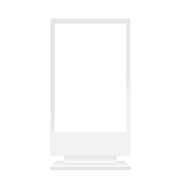 Soporte promocional en blanco con pantalla LCD.