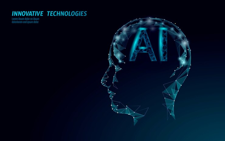 Vector soporte de robot de inteligencia artificial ai 3d. tecnología de servicio de reconocimiento de voz de asistente virtual. chatbot cerebro humano perfil low poly