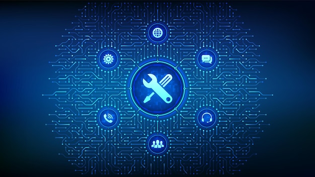Soporte técnico Ayuda al cliente Soporte técnico en línea Servicio al cliente Concepto comercial y tecnológico Fondo con conexiones de placas de circuitos y iconos técnicos Ilustración vectorial