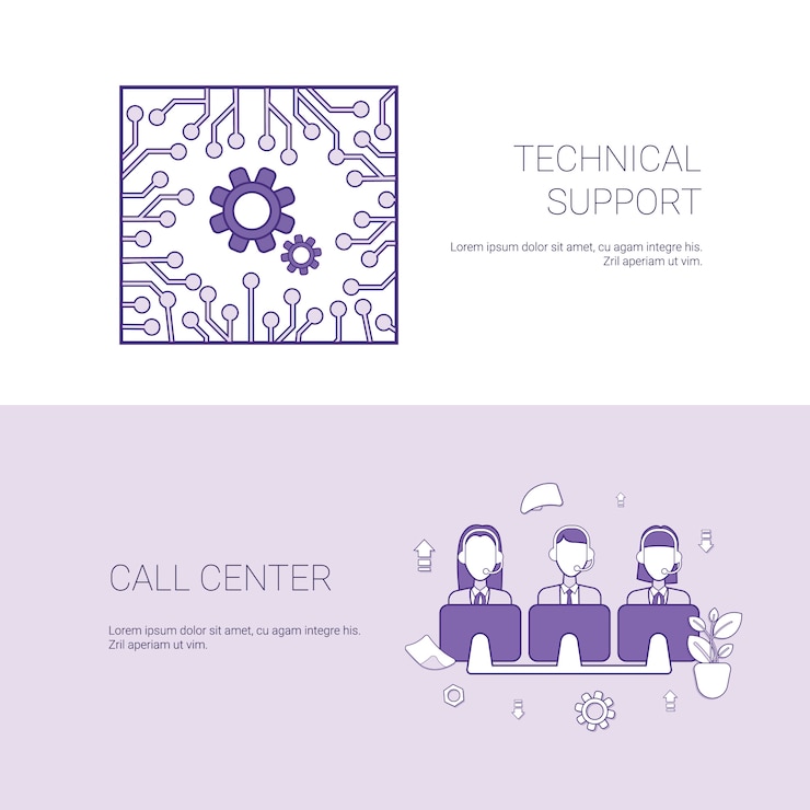 Vector soporte técnico y centro de llamadas plantilla de concepto de servicio web banner con espacio de copia