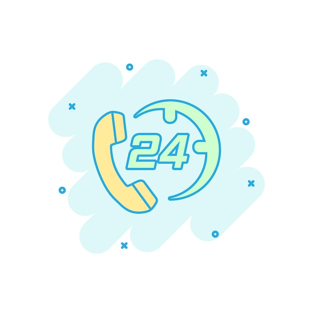 Soporte técnico de dibujos animados vectoriales 24 7 icono en estilo cómico teléfono reloj ayuda concepto ilustración pictograma soporte de servicio informático negocio concepto de efecto salpicadura