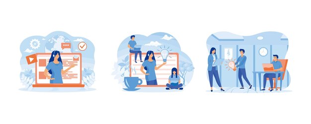Soporte técnico global en línea Concepto cliente y operador Soporte técnico en línea para página web Asistente en línea en el trabajo Ilustración moderna de vector plano establecido