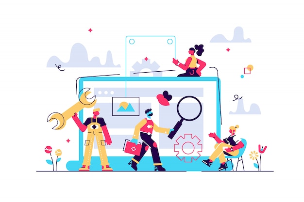 Soporte técnico, programación y codificación. Mantenimiento del sitio web, servicios de mantenimiento del sitio web, actualización y concepto de que su sitio sea sencillo. Ilustración aislada violeta vibrante brillante