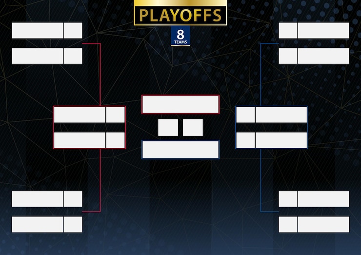 Vector soporte de torneo de dos conferencias para 8 equipos o jugadores sobre fondo oscuro. calendario vectorial de los playoffs.