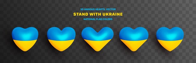 Soporte con Ucrania Vector 3D Heart Set Colores nacionales Bandera azul amarilla ucraniana aislada sobre fondo transparente Tridimensional Varios corazones Voluntarios del ejército ucraniano Colección de iconos de personas
