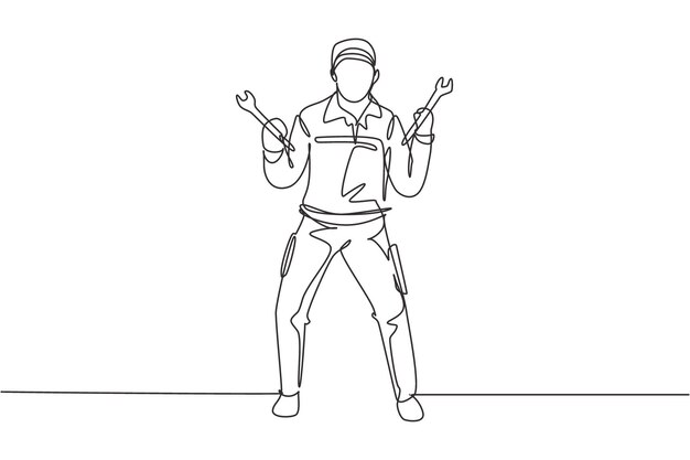 Soportes mecánicos de dibujo de una sola línea y sujetando la llave al vector gráfico del diseño del motor del vehículo