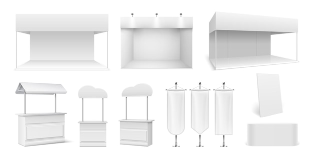 Vector soportes promocionales realistas. carpas vacías, paneles blancos y display. showroom o puestos de mercadillo. conjunto de vector de maqueta de banderas de expo promocional 3d. ilustración promocional mostrador vacío, maqueta portátil