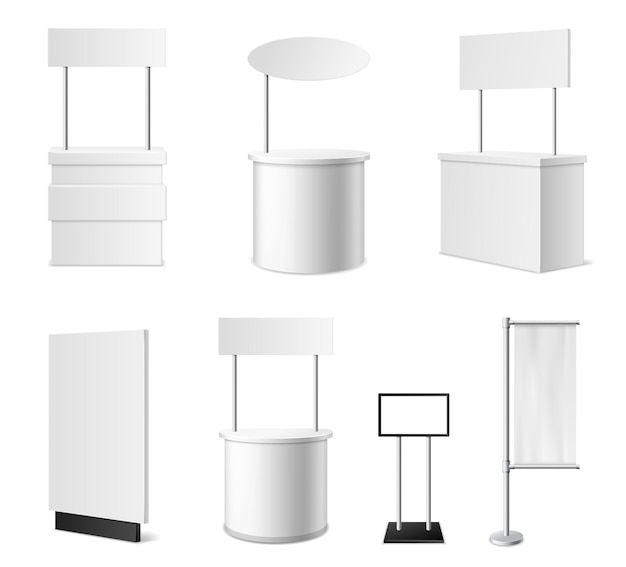 Soportes promocionales realistas Mostradores de publicidad en blanco blanco 3d aislados escritorios de eventos en blanco maqueta diferentes modelos de diseños mesas promocionales vacías limpias con conjunto de vectores de letrero