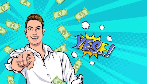 Sorprende a un hombre de negocios exitoso e impactante con el estilo cómico retro Falling Money Pop art