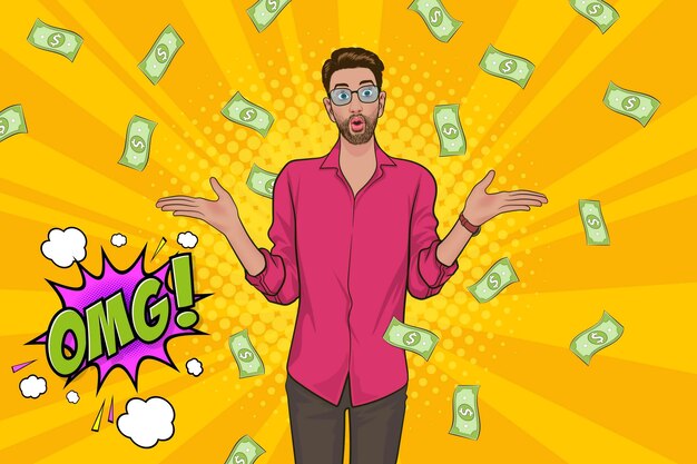 Sorprende a un hombre de negocios exitoso e impactante con el estilo cómico retro Falling Money Pop art