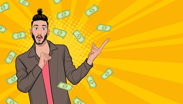 Sorprende a un hombre de negocios exitoso e impactante con el estilo cómico retro Falling Money Pop art